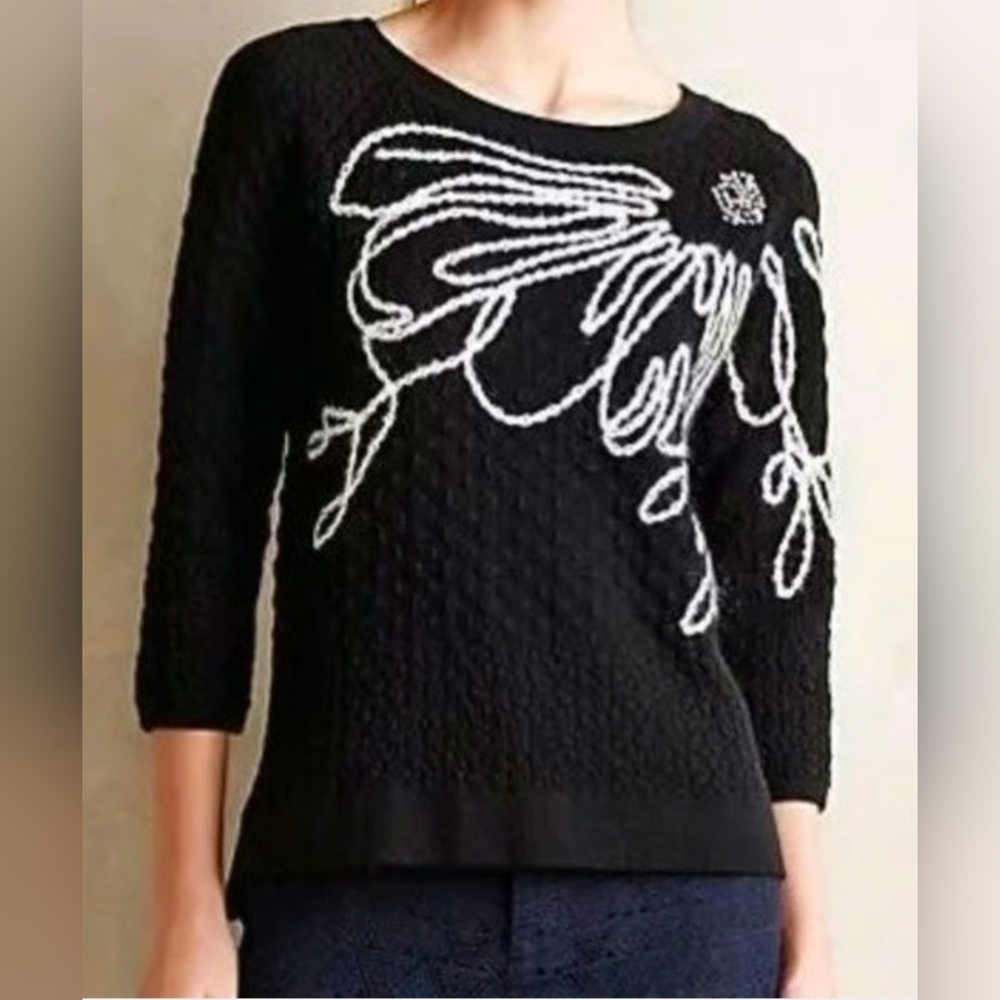 Anthro Field Flower Ivory Bloom XS Black White Floral Boucle Sweater 3/4 Sleeve